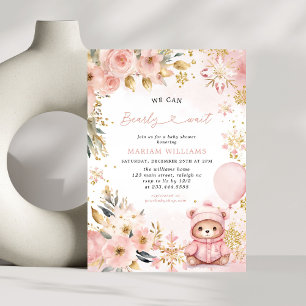 Invitation Ours rose Floral Noël hiver Fille Baby shower