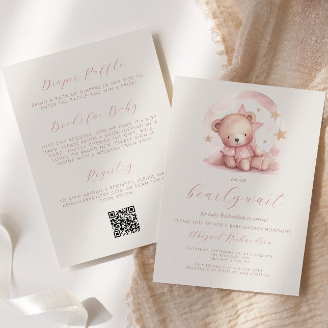 Invitation Ours Rose Mignon Code QR Fille Baby Shower (Créateur téléchargé)