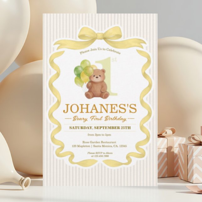Invitation Ours Ruban Doré Bande Beary Premier Anniversaire (Créateur téléchargé)