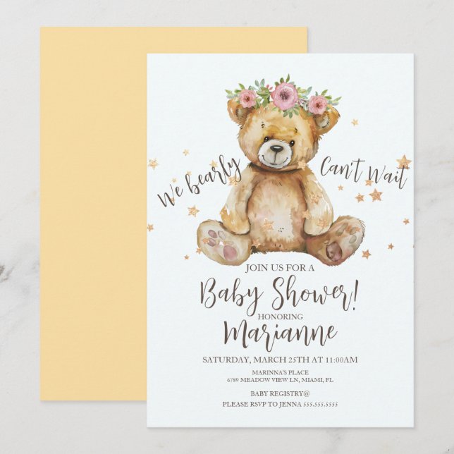 Invitation Ours rustique Baby Shower Fille Floral (Devant / Derrière)