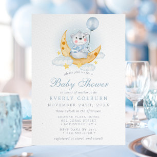 Invitation Ours Sur Lune Aquarelle Baby shower Garçon rayé