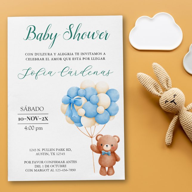 Invitation Ours Teddy Avec Balloons Espagnol Baby shower Blan (Teddy Bear With Balloons Spanish Baby Shower White Invitation)