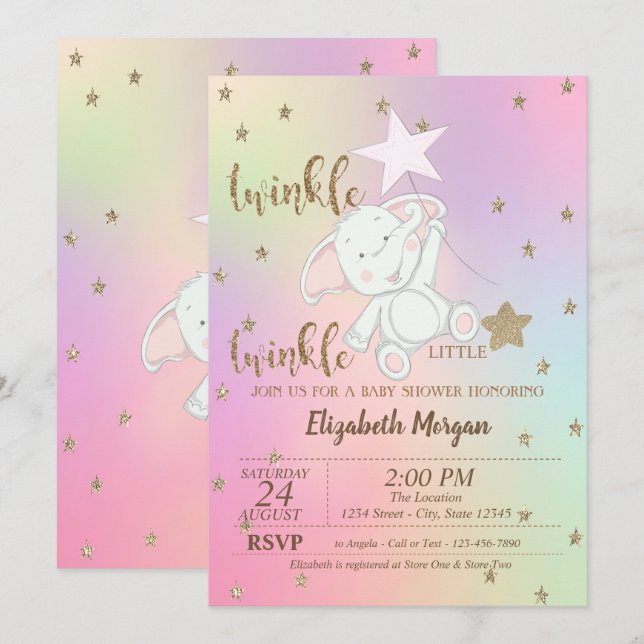 Invitation Ours, Twinkle Little Star Shower pour Bébé Hologra (Devant / Derrière)