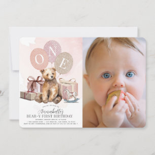 Invitation Ours-y 1er anniversaire Ours rose Boulon Girl Phot