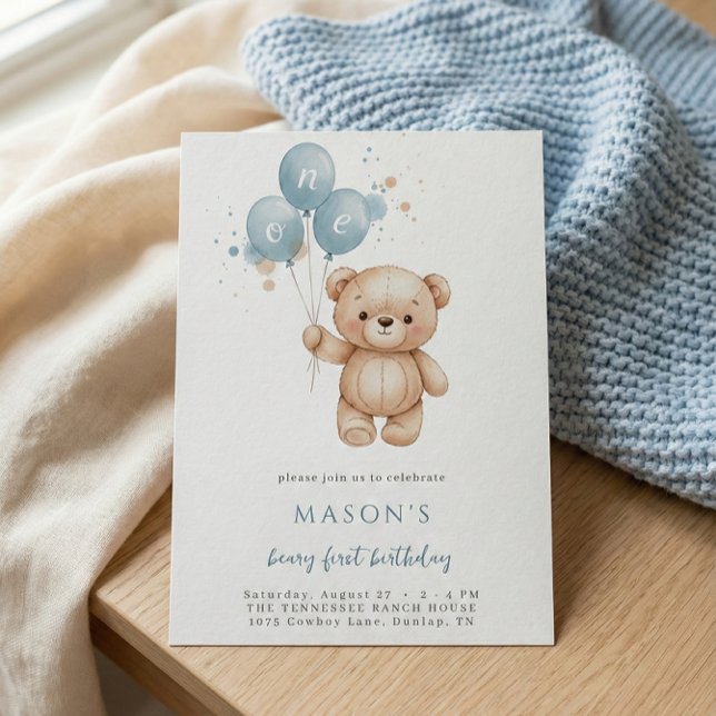 Invitation Ourson 1er Anniversaire Aquarelle Bleue (Créateur téléchargé)