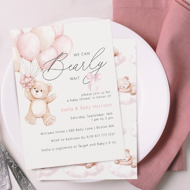 Invitation Ourson à peine attendu Fille Baby Shower (Bearly Wait Teddy Bear Girl Baby Shower Invitation)