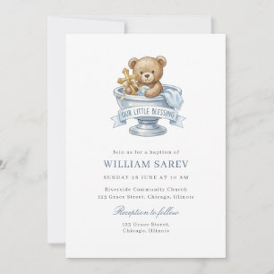 Invitation Ourson baptême aquarelle bleu doux
