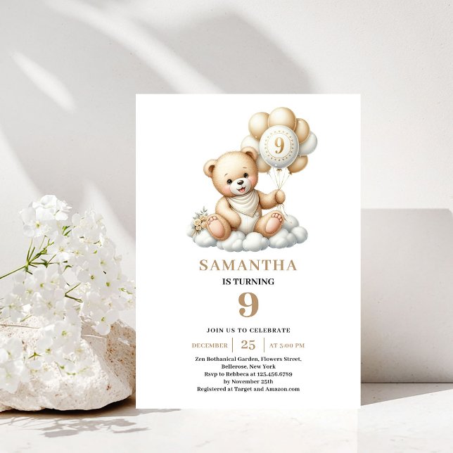Invitation Ourson Charmant Ballons Dorés pour 9ème Anniversai (Charming 10th Birthday Teddy Bear Gold Balloons)
