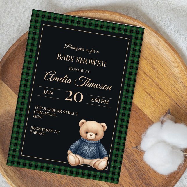 Invitation Ourson classique polo prépa plaid Baby Shower (Créateur téléchargé)
