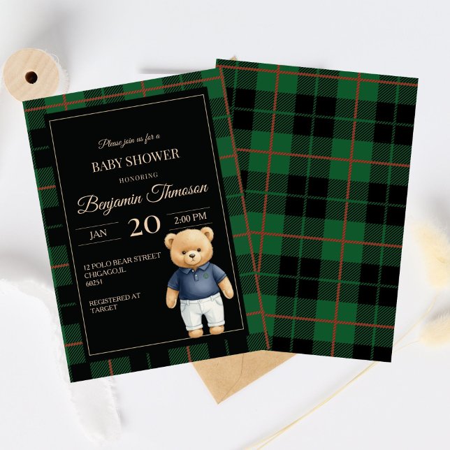Invitation Ourson classique polo prépa plaid Baby Shower (Créateur téléchargé)