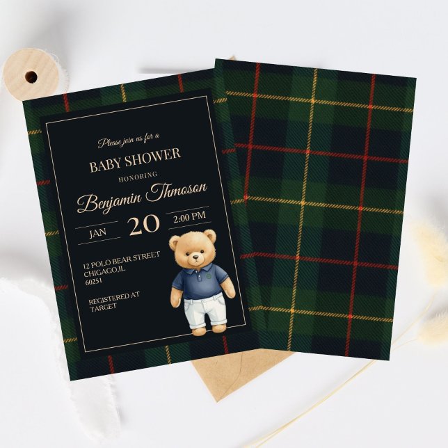 Invitation Ourson classique polo prépa plaid Baby Shower (Créateur téléchargé)