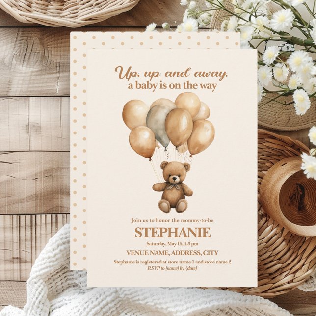 Invitation Ourson en aller vers le haut Genre Neutre (Vintage teddy bear and balloons gender neutral baby shower invitation)