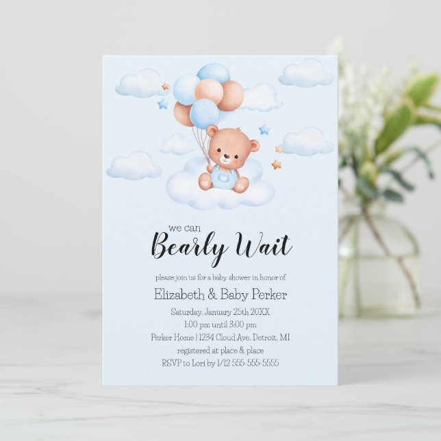 Invitation Ourson en bleu pour Baby Shower (Debout devant)