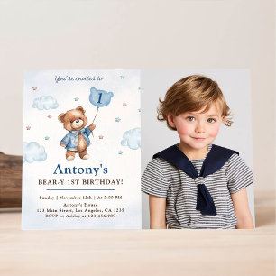 Invitation Ourson en peluche bleu Ballons Photo Premier Anniv
