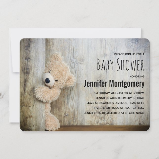 Invitation Ourson en peluche mignon Fond en bois rustique Bab (Devant)