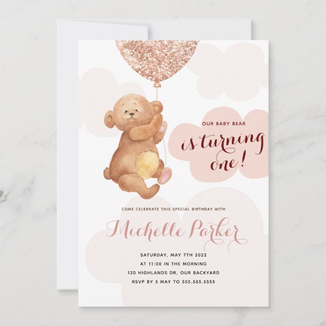 Invitation Ourson en peluche Nuages roses 1er anniversaire (Devant)