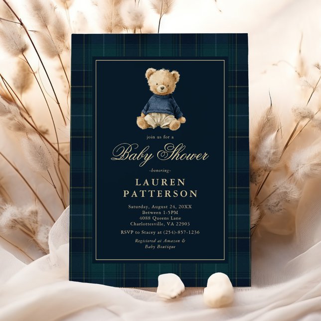 Invitation Ourson en polo tartan preppy pour Baby Shower (Créateur téléchargé)