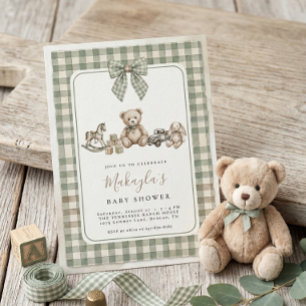 Invitation Ourson en Vichy Vert Sauge pour Baby Shower