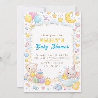Invitation Ourson et éléphant pastel mignons pour une baby sh