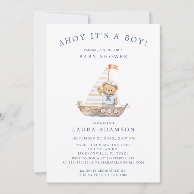 Invitation Ourson Marin Minimaliste Aquarelle Bleue  (Devant)