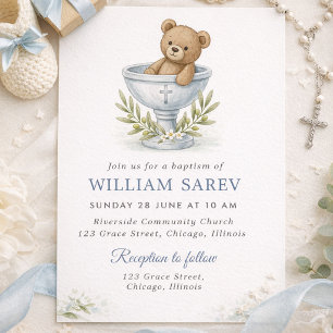 Invitation Ourson mignon avec croix au rameau d'olive Baptême