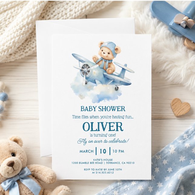 Invitation Ourson Mignon Avion Bleu Le Temps Passe Premier 1e (Cute Bear Blue Plane Time Flies One 1st Birthday)