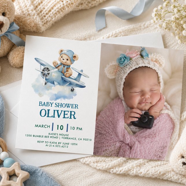 Invitation Ourson Mignon Avion Bleu Le Temps Passe Premier 1e (Cute Bear Blue Plane Time Flies One 1st Birthday Invitation)