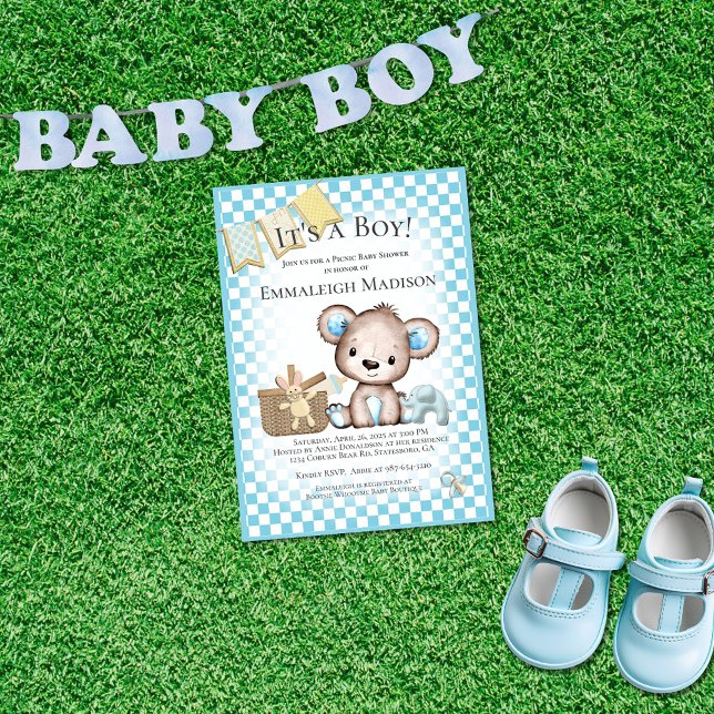 Invitation Ourson Mignon Bébé Pique-Nique Fête Bébé Bleu (Créateur téléchargé)