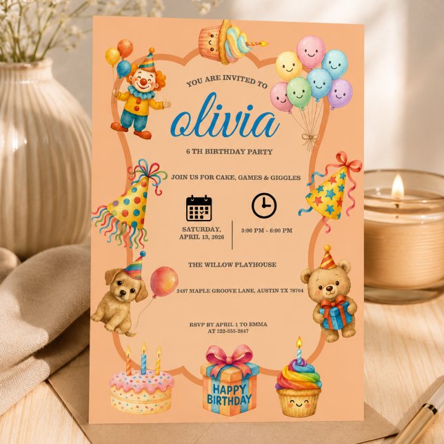 Invitation ourson mignon et ballon fête d'anniversaire de 6 a (Créateur téléchargé)