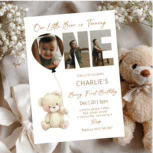 Invitation Ourson Mignon Neutre avec Photo 1er Anniversaire
