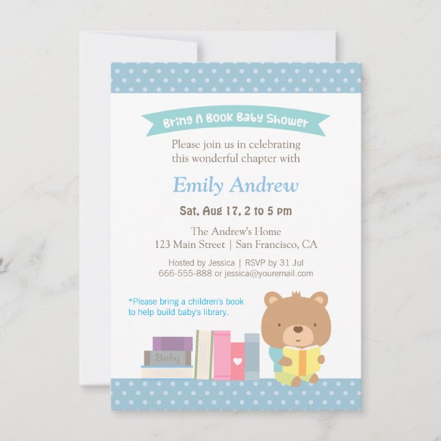 Invitation Ourson Mignon Points Bleus Livre Baby Shower (Devant)