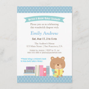 Invitation Ourson Mignon Points Bleus Livre Baby Shower