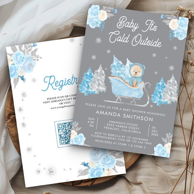 Invitation Ourson Mignon Traîneau Bleu Fête de Naissance Bébé (Créateur téléchargé)
