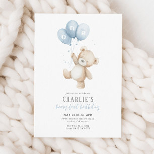 Invitation Ourson Premier Ballon Bleu Garçon 1er Anniversaire