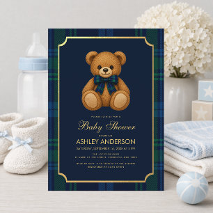Invitation Ourson Prépa Garçon Baby Shower Carreaux Bleu Vert