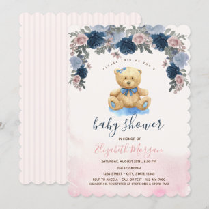 Invitation Ourson rayé rose Baby Shower  