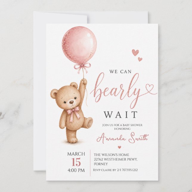 Invitation Ourson Rose à l'Aquarelle Baby Shower Fille (Devant)