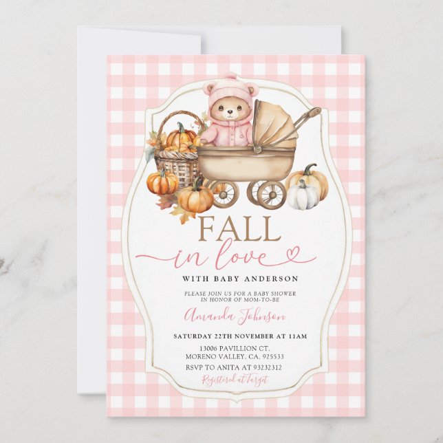 Invitation Ourson Rose Chute Bébé Naissance Berceau (Devant)