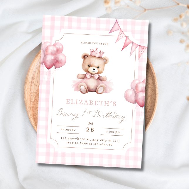 Invitation Ourson Rose Princesse Teddy Bear 1er Anniversaire (Créateur téléchargé)