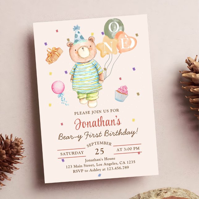 Invitation Ourson sage vert Beary premier anniversaire (Créateur téléchargé)