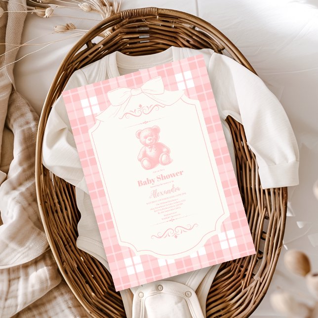 Invitation Ourson Teddy Gingham Ruban Rose Baby Shower (Créateur téléchargé)