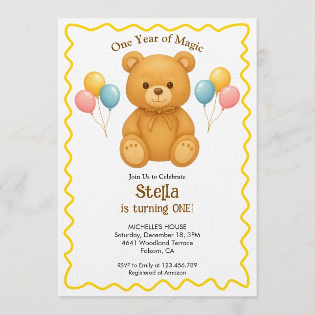 Invitation Ourson Un An de Magie Premier Anniversaire  (Devant)