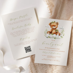Invitation Ourson Vert Neutre Code QR Baby Shower