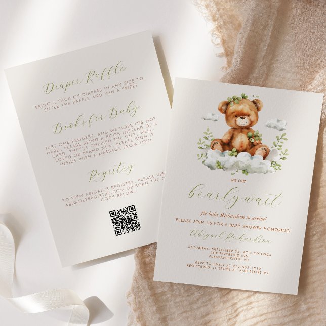 Invitation Ourson Vert Neutre Code QR Baby Shower (Créateur téléchargé)