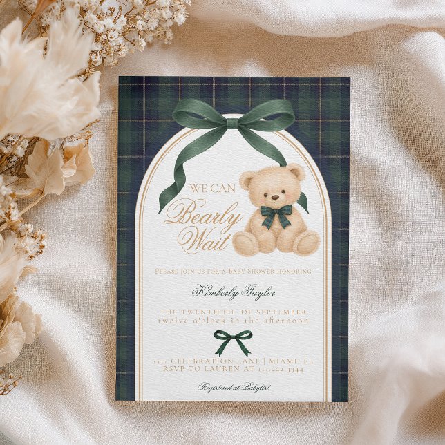 Invitation Ourson vintage à carreaux verts polo Baby Shower (Créateur téléchargé)