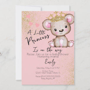 Invitation Oursonne Fête de Naissance Princesse Rose Pailleté