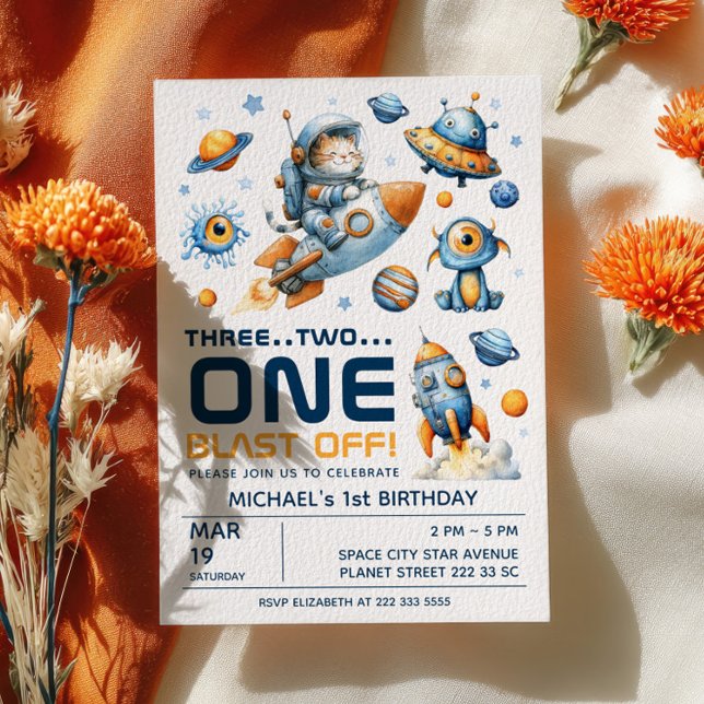 Invitation Outer Space Astronaut Cat Blast Off 1st Birthday (Créateur téléchargé)