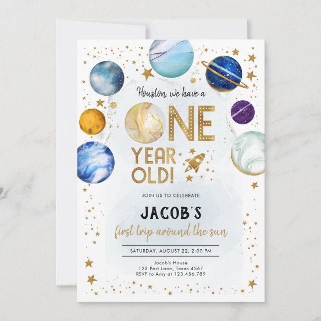 Invitation Outer Space Astronaut Planet Galaxy 1st Birthday (Devant)
