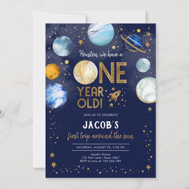 Invitation Outer Space Astronaut Planet Galaxy 1st Birthday (Devant)