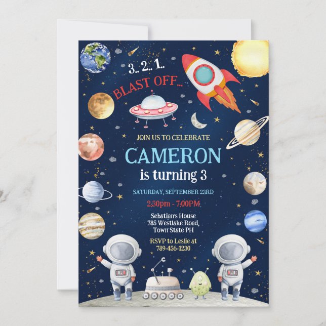 Invitation Outer Space Astronaut Rocket Blast Off Birthday (Devant)